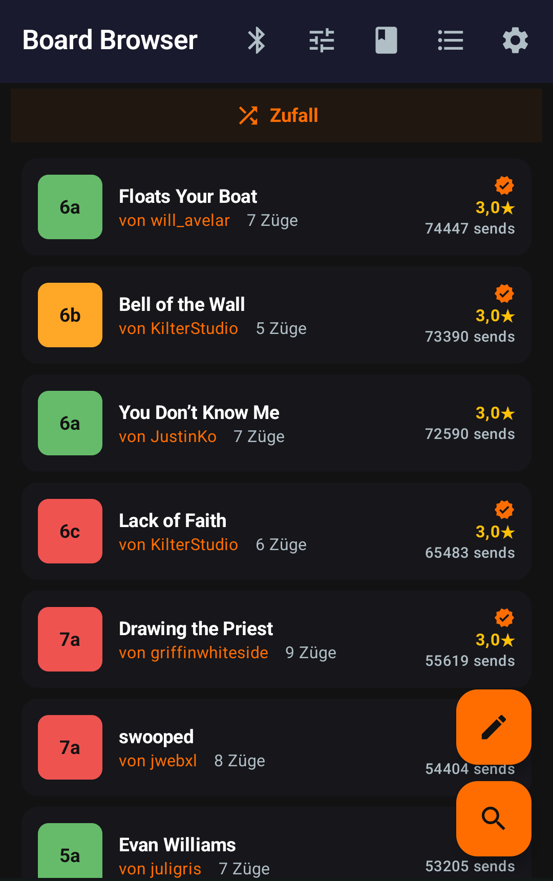 Browse climbs in CruxCoach — list of climbs filterable by grade, angle, and quality