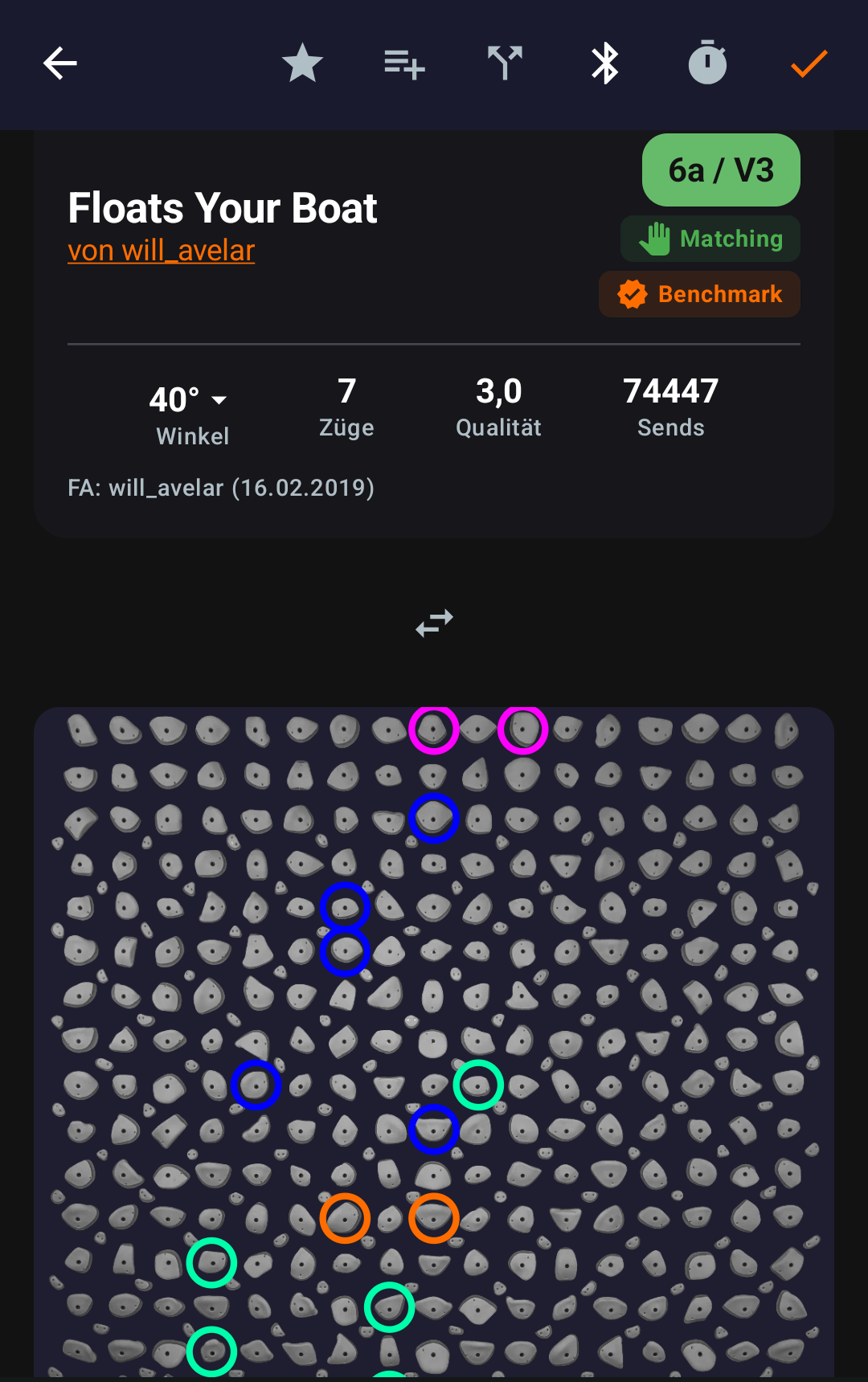 CruxCoach climb detail screen showing climb name, grade, stats, and the holds marked on a board diagram