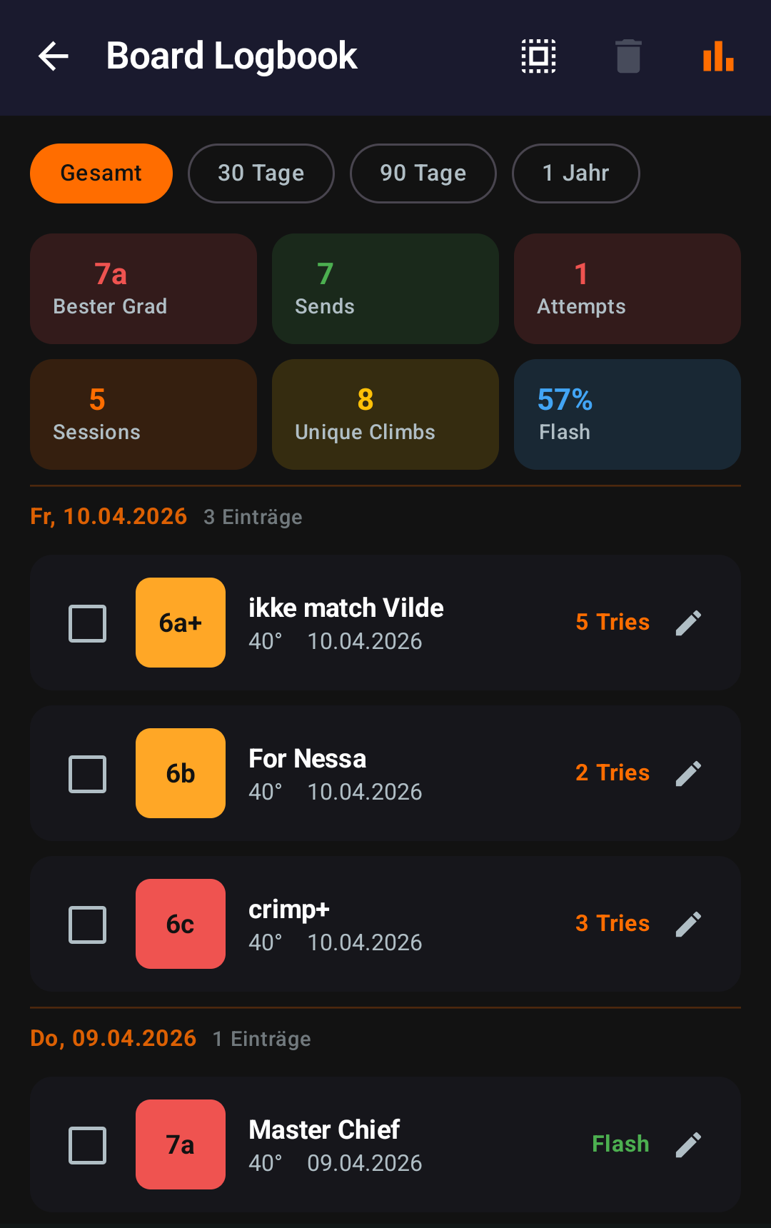 CruxCoach logbook view showing logged sends and attempts